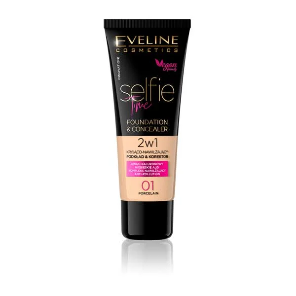 Eveline Selfie Time Foundation & Concealer 30ML – 01 Porcelain | 2-in-1 Coverage