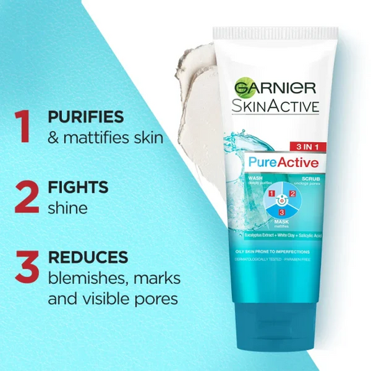 GARNIER PURE ACTIVE 3IN1 CLAY FACEWASH 50ML